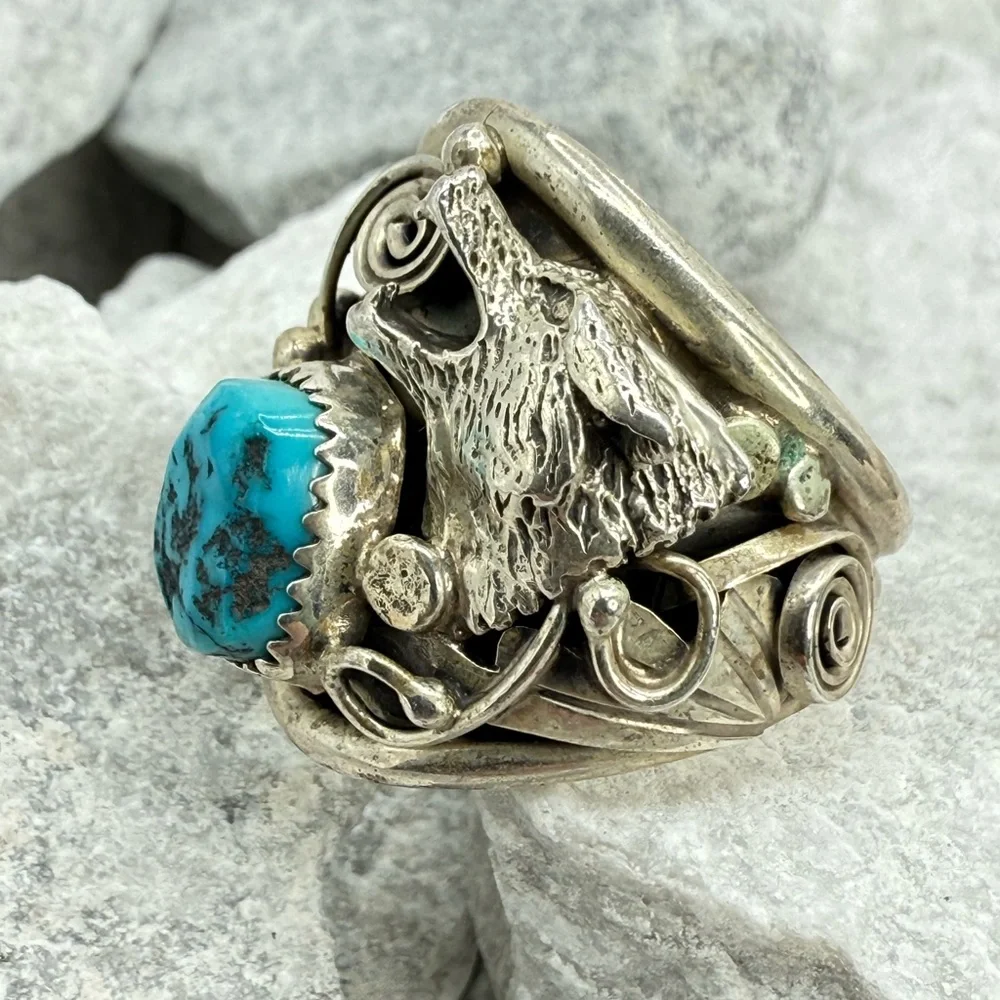 Navajo Sterling Silver Howling Wolf Turquoise Ring —Genevieve Francisco